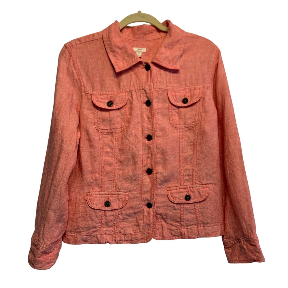 J. Jill 100% Linen Lagenlook Utility Jacket Womens MP Coral Pink Button Front